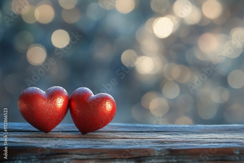 Two red hearts on a wooden surface with a soft bokeh background in natural light