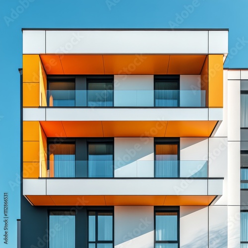 Modern apartment building with colorful balconies in urban area during clear day