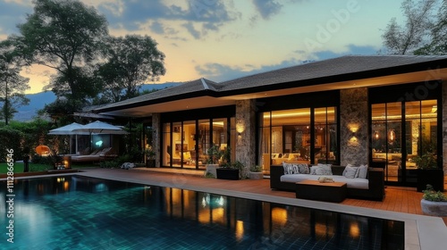 Modern luxury villa with pool and outdoor lounge at sunset