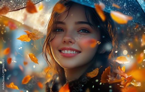 Smiling girl surrounded by autumn leaves during golden hour in a serene outdo...