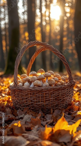 Autumn forest setting with a basket full of freshly picked mushrooms on the g...