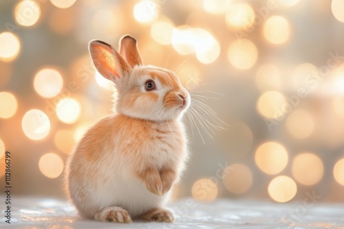 Soft rabbit stands on hind legs in golden sunlight during a warm spring evening