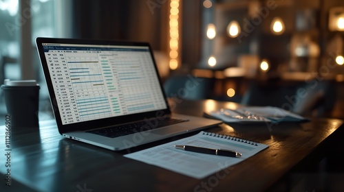 A sleek arrangement of financial spreadsheets, a laptop, and a stylish pen on a dark wooden desk.
