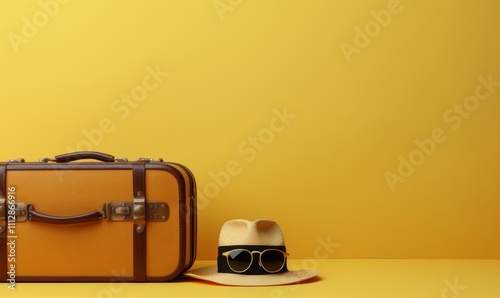 Travel essentials arranged with stylish accessories against a bright yellow b...