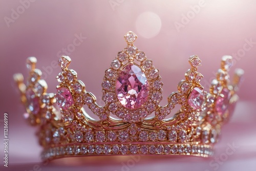 Shimmering pink crown adorned with jewels on sparkling background