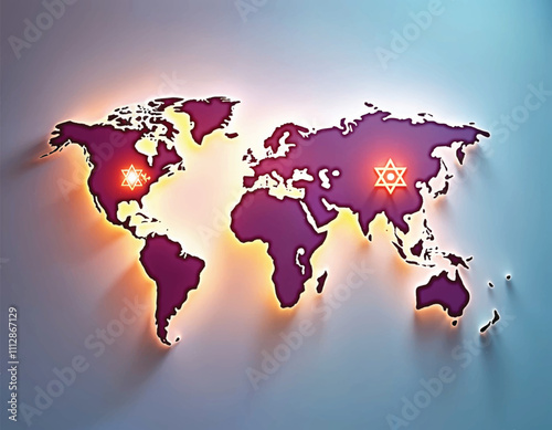 vector of a map of the world with glowing religious symbols on each region on a gradient background