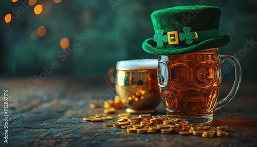 Celebrating St Patricks Day with green hat, beer mug, and chocolate coins on ...
