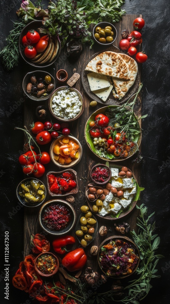 Fototapeta premium Fresh culinary spread featuring assorted vegetables, meats, and herbs on a rustic wooden table