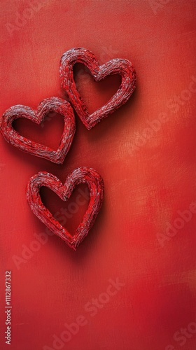 Red yarn hearts on a vibrant red background for creative decoration or gifts