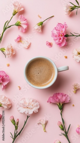 Relaxing coffee moment with pink flowers on a pastel background