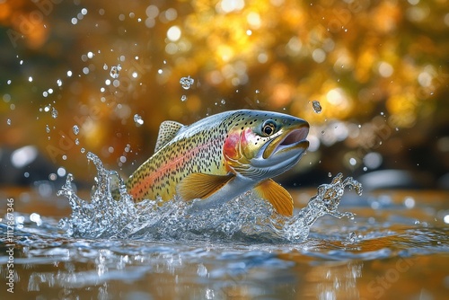 Rainbow trout leaping from a clear stream surrounded by autumn foliage