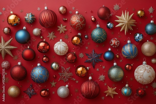 Colorful holiday ornaments arranged on a festive red background for seasonal ...