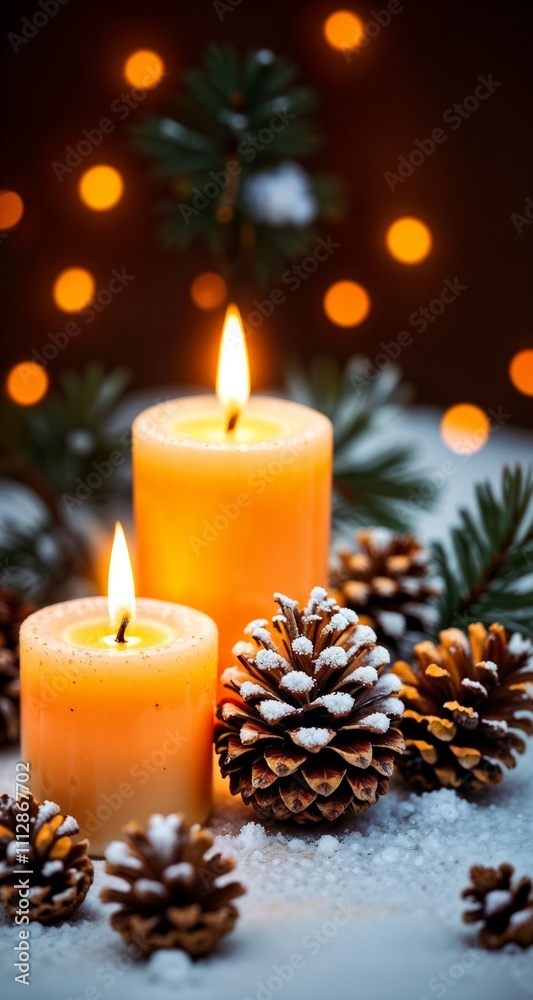 Cozy Winter Candles with Snow-Dusted Pine Cones Against Golden Bokeh Cozy Winter Candles with Snow-Dusted Pine Cones Against Golden Bokeh