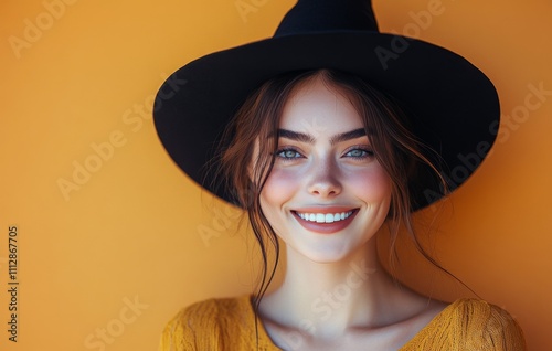 Smiling woman with long hair wearing black hat against bright orange background