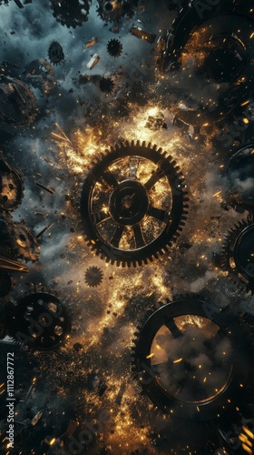 Mechanical gears floating through an explosion of sparks and dust in a dramat...
