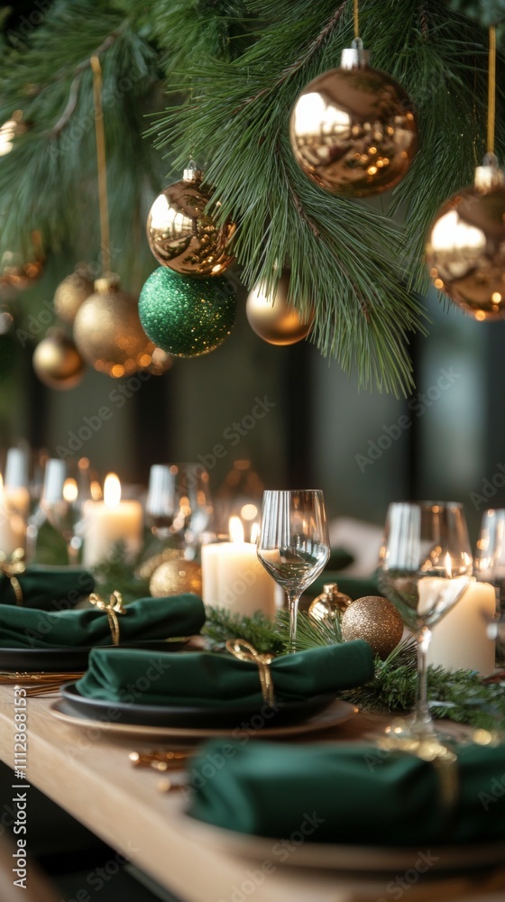 Elegant festive table setting with golden ornaments and candles in a warm atmosphere Elegant festive table setting with golden ornaments and candles in a warm atmosphere