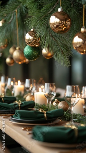 Elegant festive table setting with golden ornaments and candles in a warm atm...