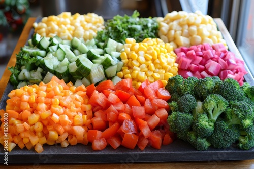 Colorful arrangement of fresh vegetables on a white countertop for healthy ea...