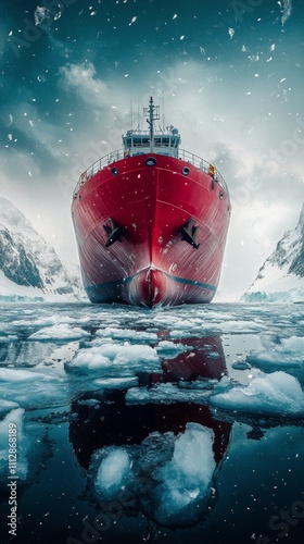 Red research vessel navigating icy waters surrounded by towering mountains in...