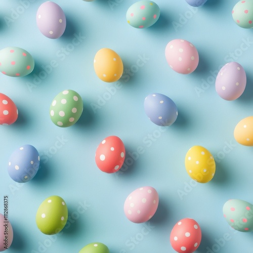 Colorful polka dot eggs arranged on a bright blue background for a festive sp...