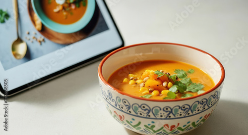 Delicious homemade pumpkin soup bowl with digital recipe