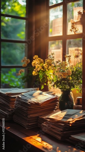 Sunlight streaming through a window illuminates newspapers on a wooden table