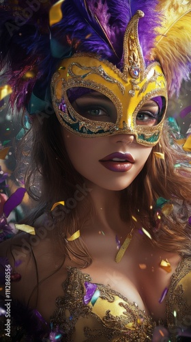 Captivating masked performer in vibrant carnival attire with colorful feathers and jewels photo