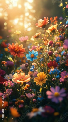 Vibrant wildflower meadow illuminated by sunlight in a lush forest setting