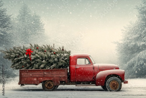 Red truck transporting Christmas tree through snowy landscape in winter season
