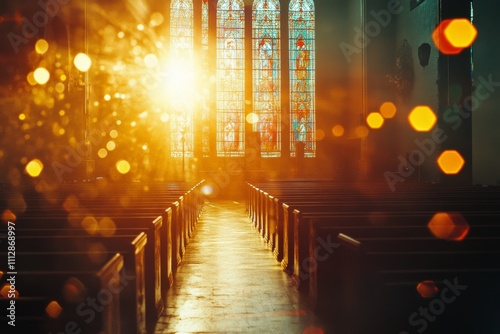 Beautiful interior of a historic church with stained glass windows and wooden...