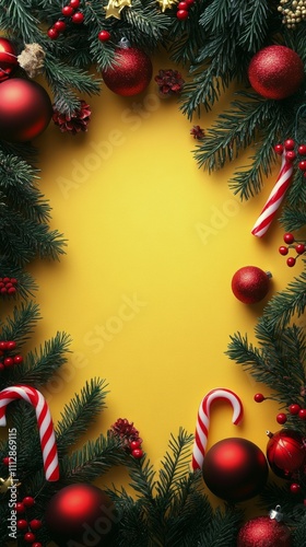 Holiday decorations with red ornaments and candy canes on yellow background