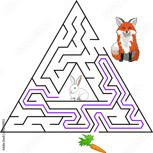 Help a rabbit escape from a pyramid maze to find a carrot and avoid the fox. Feed the hungry rabbit labyrinth. Easy riddle for lkids with solution