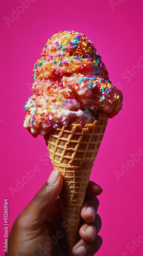 Colorful ice cream cone with sprinkles held against a vibrant pink background