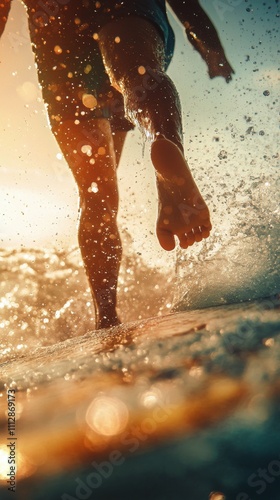 Surfer carving the waves during sunset on a tropical beach in warm waters