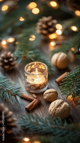 Warm candlelight glows among pine branches and winter decor during the festiv...