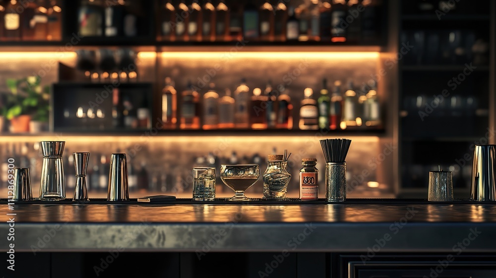 A serene moment showing a bartender's workspace, featuring neatly arranged glassware and bar tools on a polished counter. A serene moment showing a bartender's workspace, featuring neatly arranged glassware and bar tools on a polished counter.