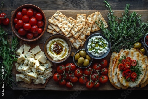 Delicious selection of Mediterranean appetizers arranged on a wooden table