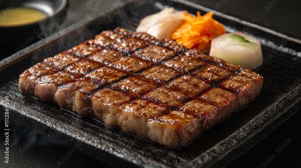 A beautifully grilled steak served with vegetables on a sizzling plate. A beautifully grilled steak served with vegetables on a sizzling plate.