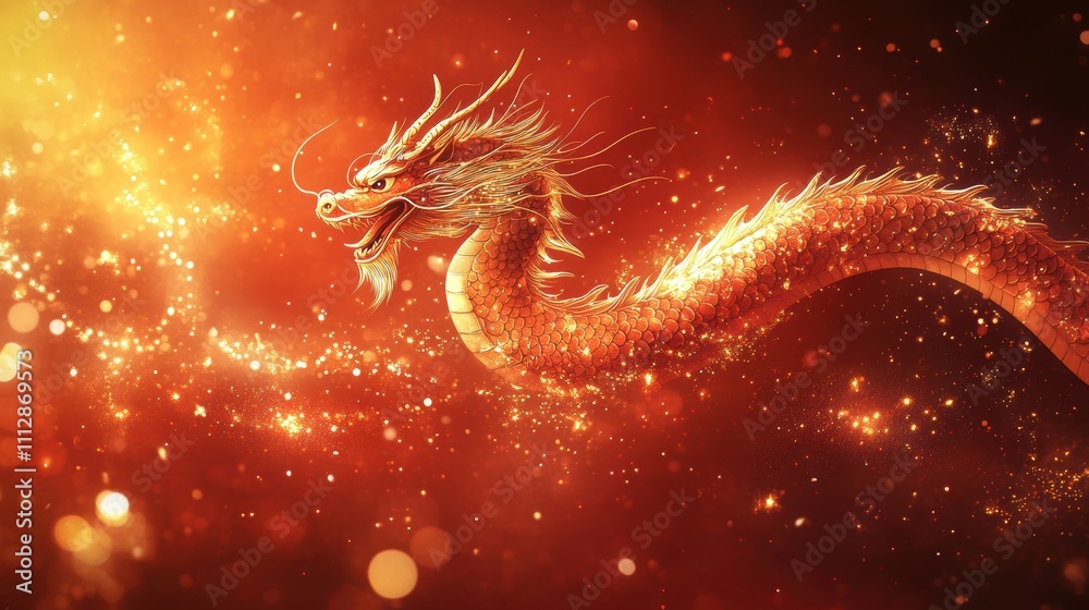 A majestic red dragon soaring through a sparkling, fiery background.