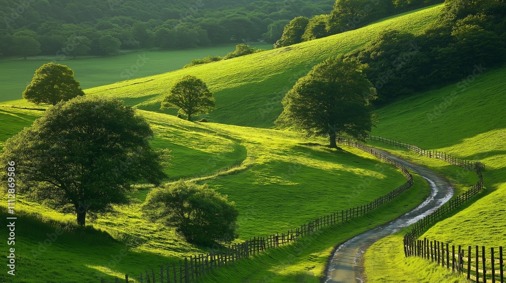 Obraz premium Rolling Green Hills and Valleys with Trees and Flowing Streams, Showcasing Scenic Beauty, Tranquility, and the Untouched Harmony of Nature