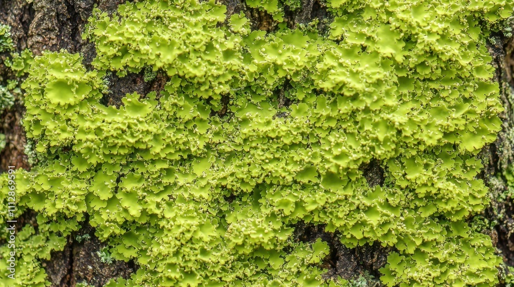 A vibrant tapestry of lime-green lichen, flourishing on a textured bark surface. Nature's intricate artistry on display. A vibrant tapestry of lime-green lichen, flourishing on a textured bark surface. Nature's intricate artistry on display.