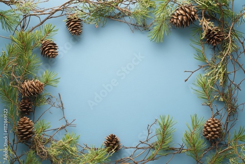 Natural holiday wreath made of pinecones and evergreen branches on blue backg...
