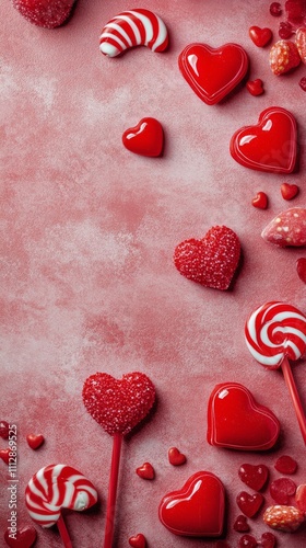 Colorful heart shaped treats arranged on a blue background for a festive occa...