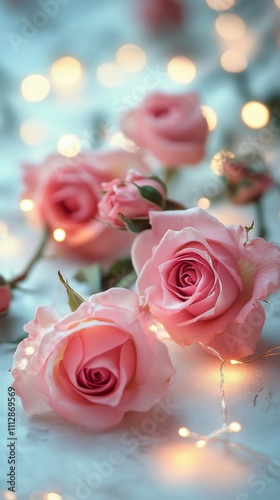 Pink roses with fairy lights creating a romantic atmosphere during evening time