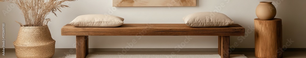 Elegant wooden bench with cushions in a serene interior space Elegant wooden bench with cushions in a serene interior space
