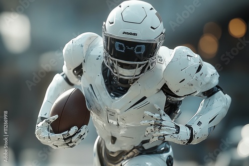 Robot quarterback runs toward goal line during a futuristic football game in ...