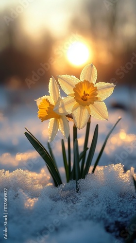 Daffodils blooming in snow during early spring at sunset in a tranquil garden