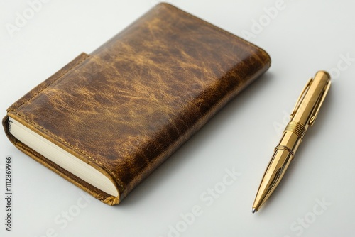 Enjoying a warm cup of coffee beside a leather bound notebook and gold pen in...