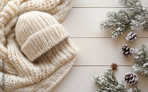 Cozy winter accessories arranged on a wooden surface with pine and snow elements