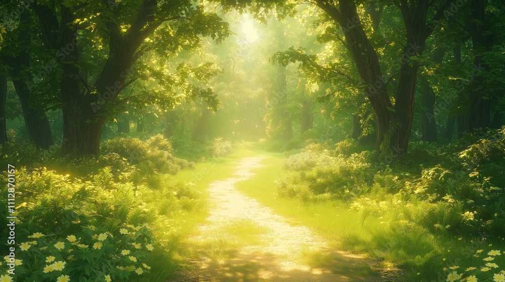 Sunlit Forest Path Surrounded by Lush Greenery, Offering Serenity, Harmony, and a Peaceful Escape into Nature's Beauty, Generative AI Sunlit Forest Path Surrounded by Lush Greenery, Offering Serenity, Harmony, and a Peaceful Escape into Nature's Beauty, Generative AI